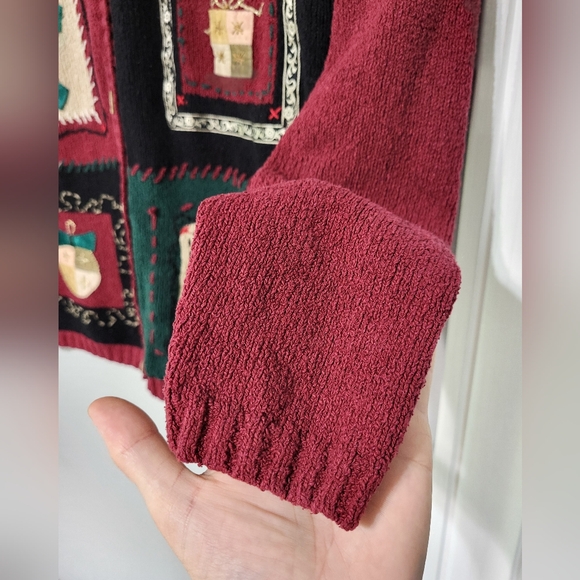 Vintage Talbots Silk Blend Ugly Christmas Sweater Embroidered Patchwork Sz M - Picture 5 of 9